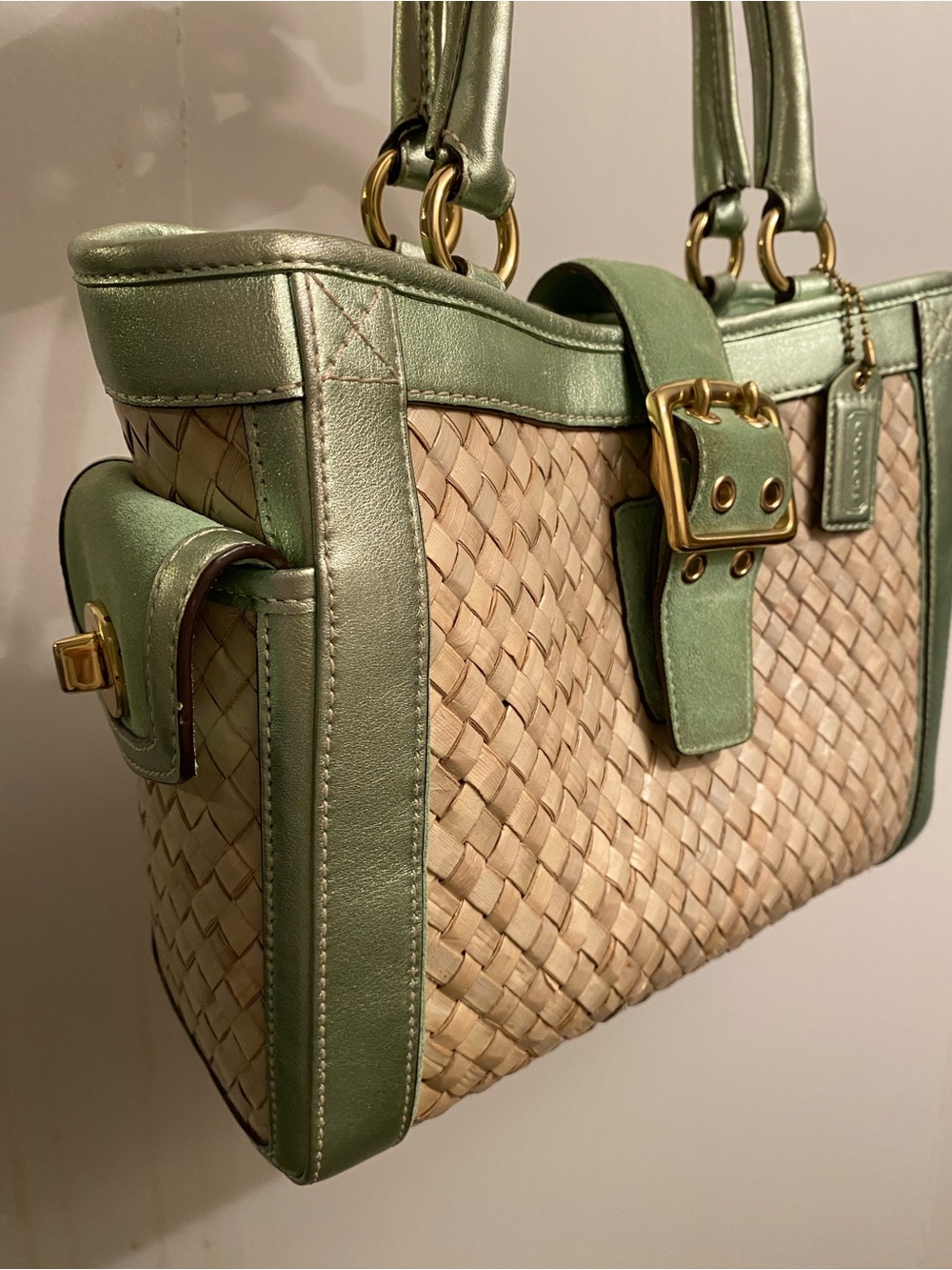 Y2K Coach Woven Straw Green Metallic Leather
Suede Satchel w/ Wireless Headphone